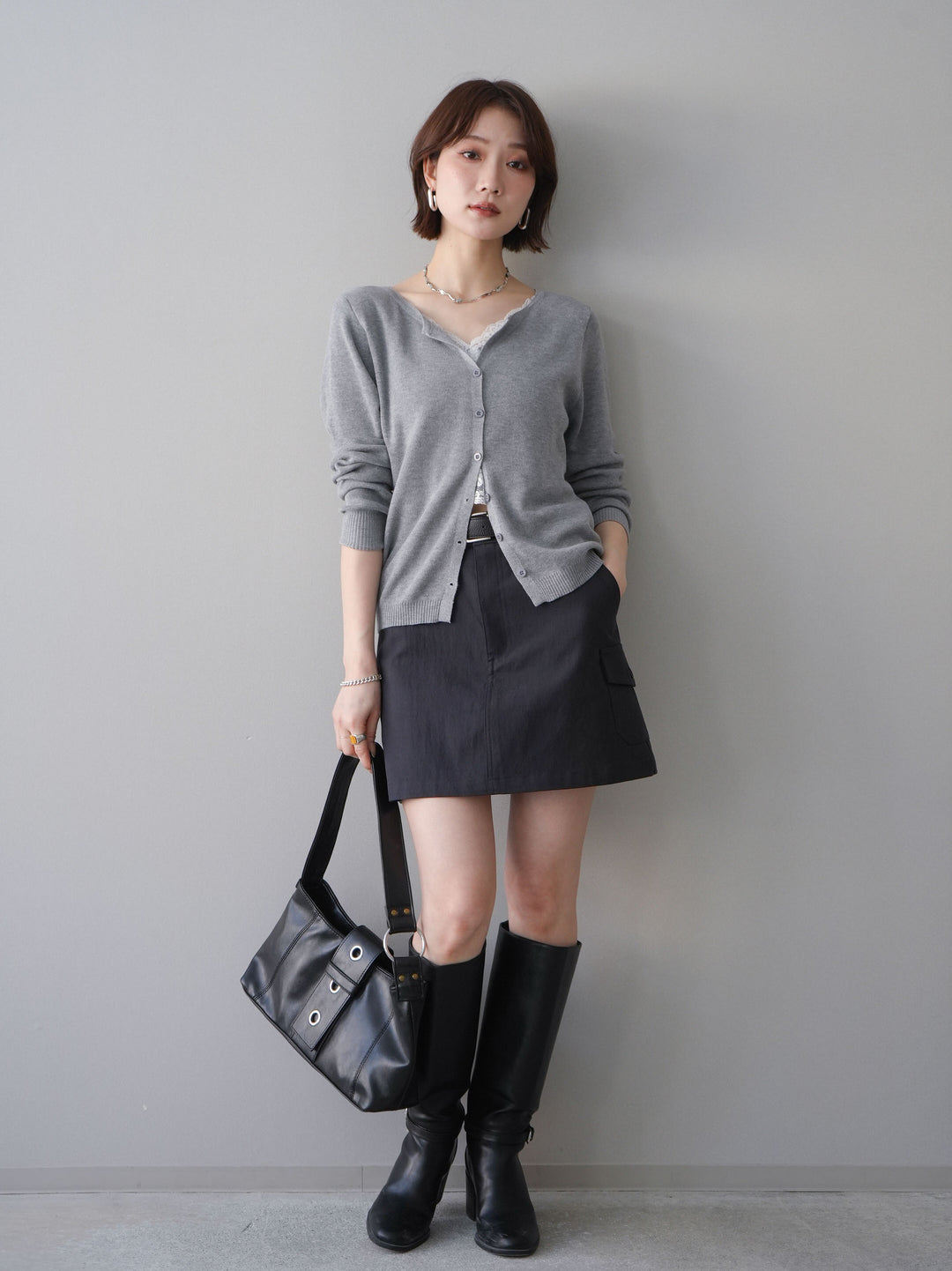 [予約]レースレイヤードニットカーディガン/gray