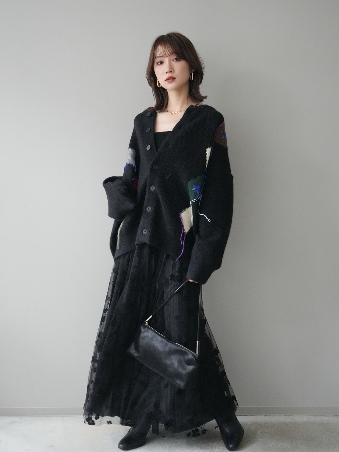 [予約]ハンドステッチアーガイルデザインニットカーディガン/black