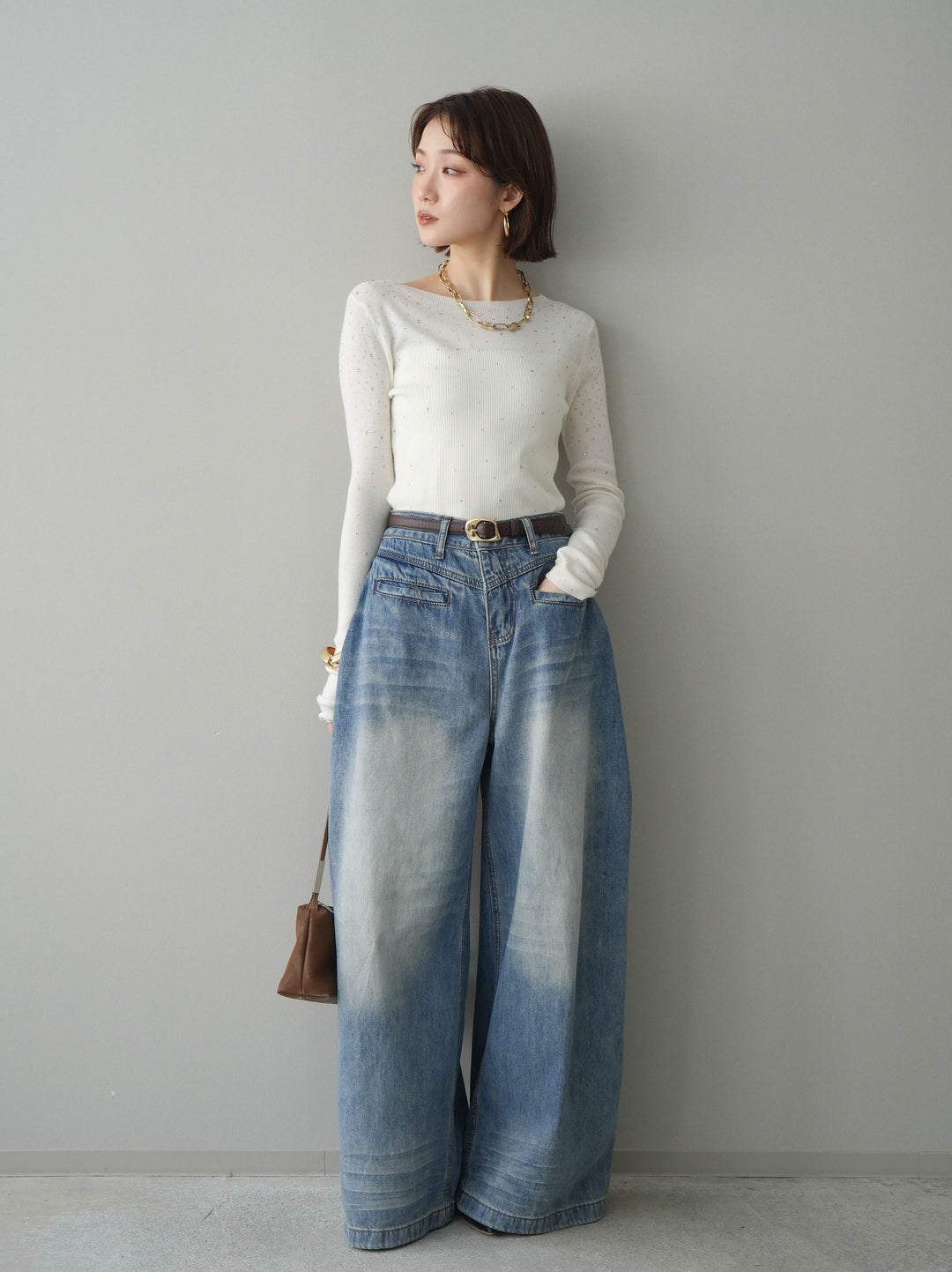 [SET]スパンコールシアーニットトップス+選べるアクセセット(2set)