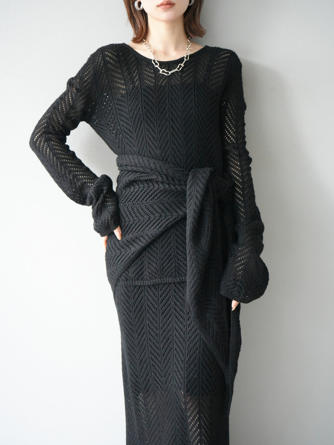 [予約]透かし編みニットトップス/ブラック