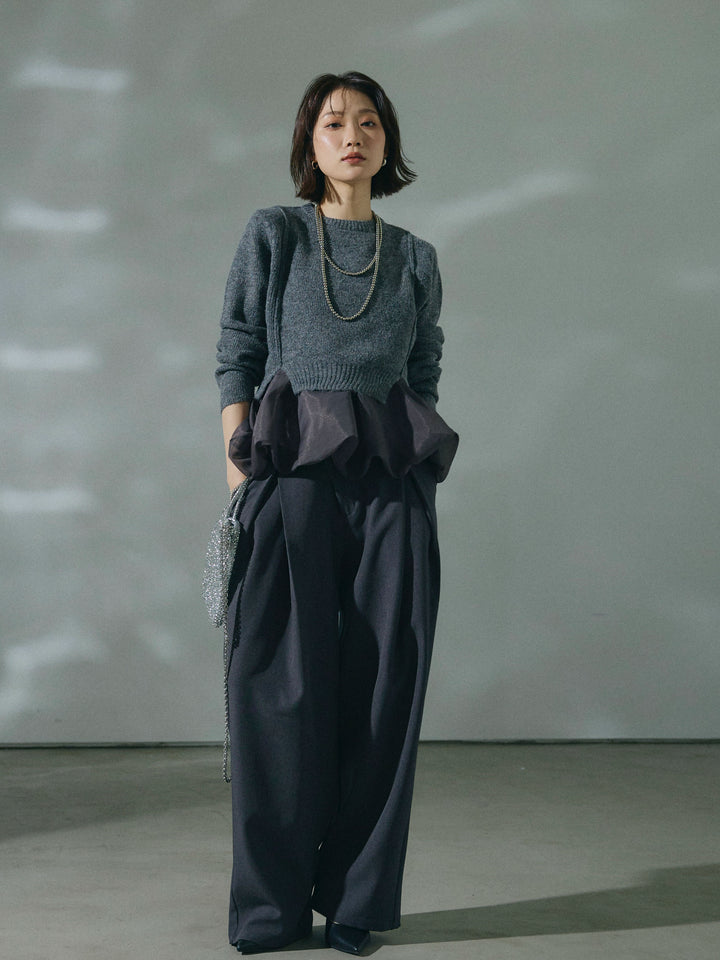 【Allure】[SET]オーガンジーバルーンキャミアンサンブルニット+アシンメトリーウエストタックパンツ(2set)