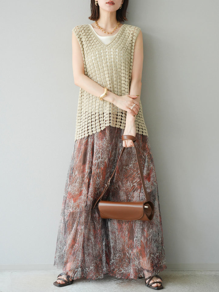 [予約]ニュアンス柄チュールレイヤードプリーツスカート/ブラウン