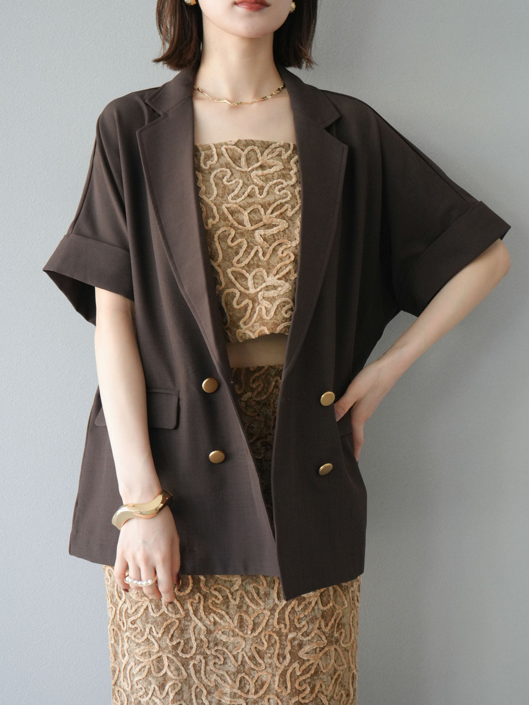 [予約]ゴールドボタンハーフジャケット/ブラウン