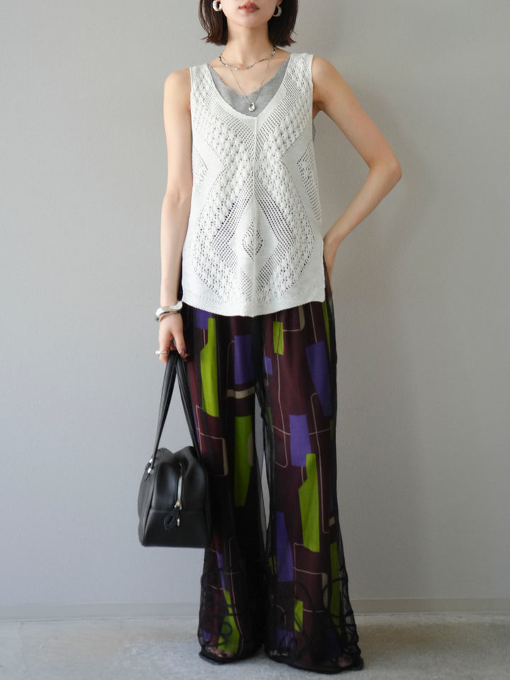 [予約]レーヨンフレックススラブレトロ柄ストレートパンツ/ワイン