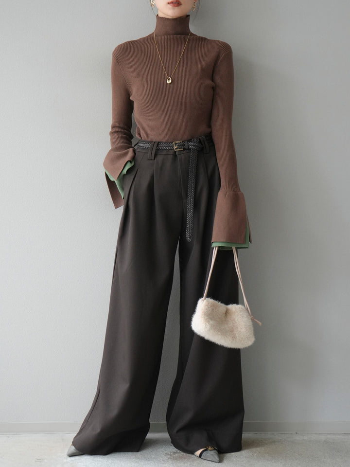 [SET] 疊層喇叭袖高領針織上衣 + 雙褶寬褲 (2 套)