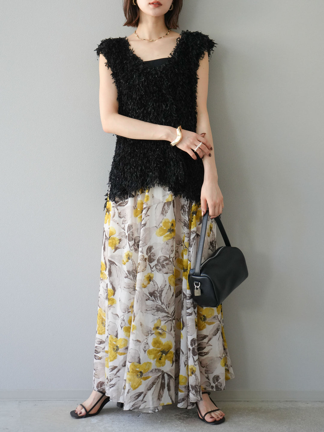 [予約]フラワープリントボリュームフレアスカート/イエロー