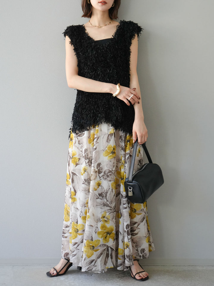 [予約]フラワープリントボリュームフレアスカート/イエロー