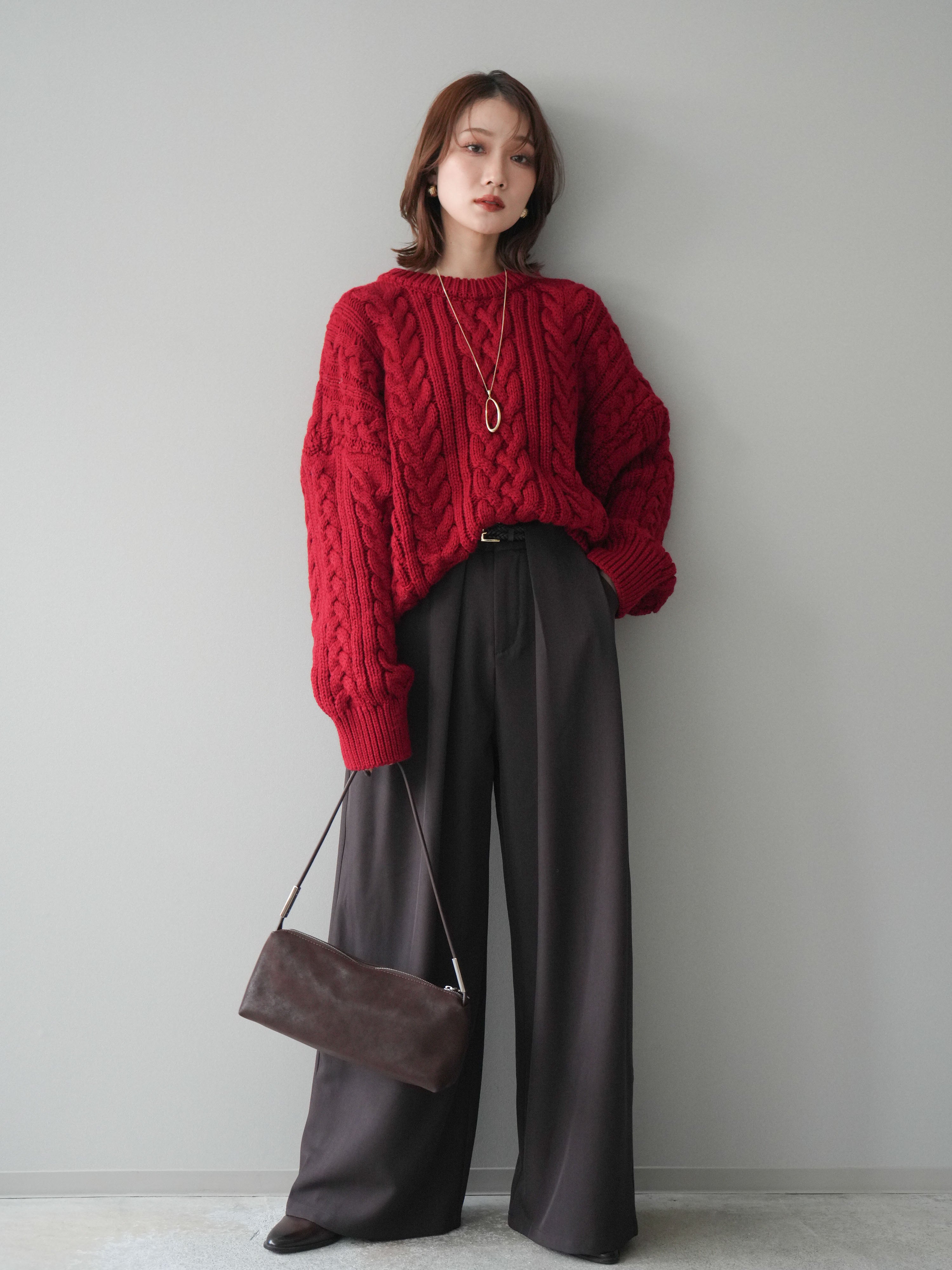 lumier ニットプルオーバー　ベルトループデザインワイドパンツ　セット SET]ボリュームケーブルニットプルオーバー+ベルトループデザイン