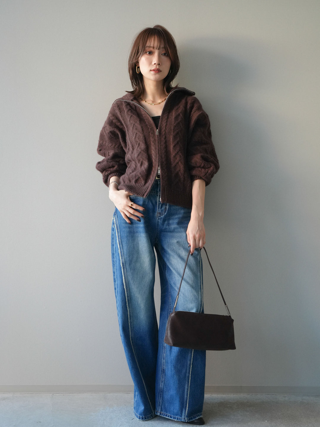 [SET]ケーブル編みハイネックZIPニットカーディガン+選べるアクセセット(2set)