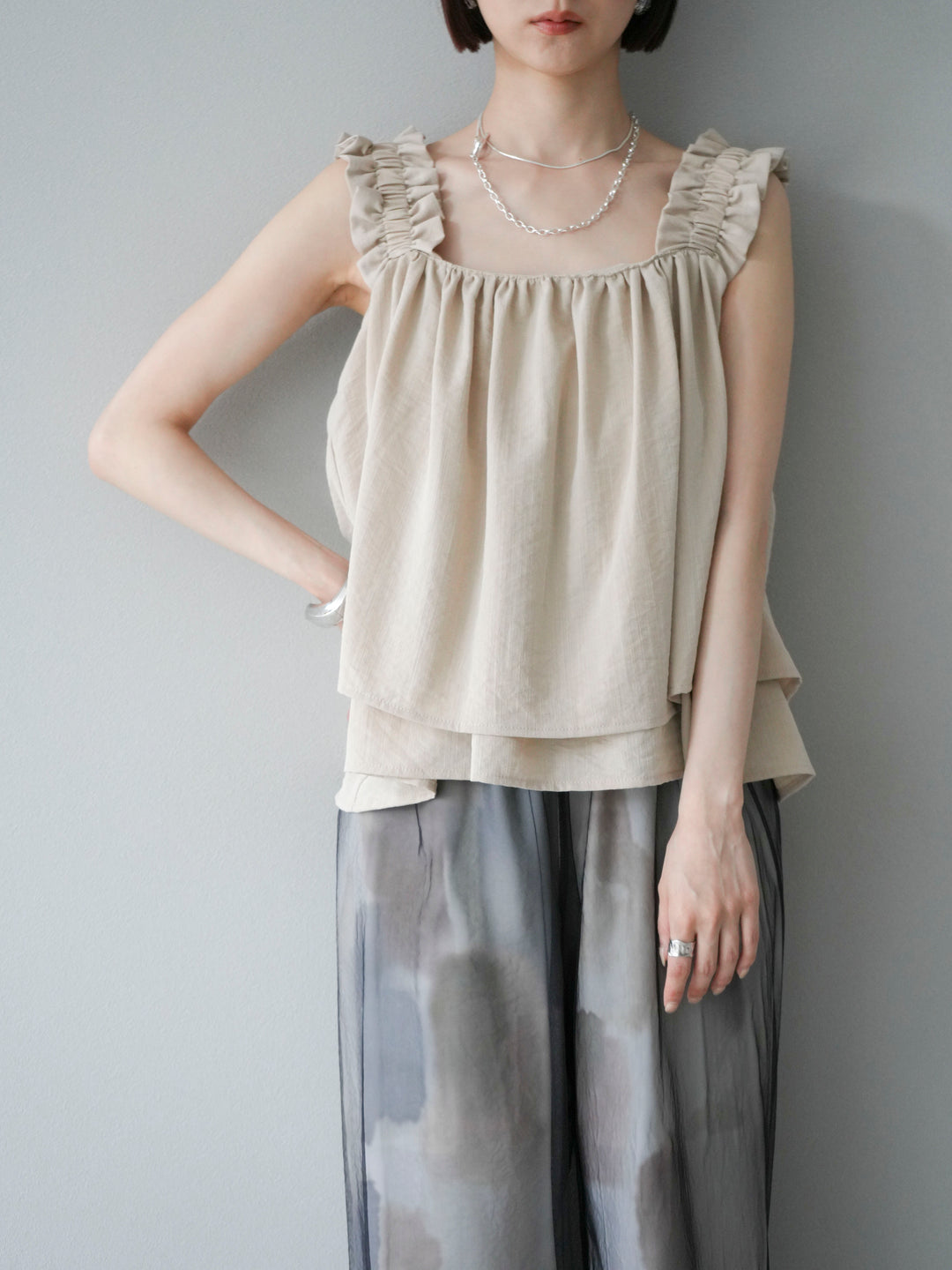 [SET]ギャザーショルダーフレアタンクトップ+ギャザーショルダーフレアタンクトップ(2set)