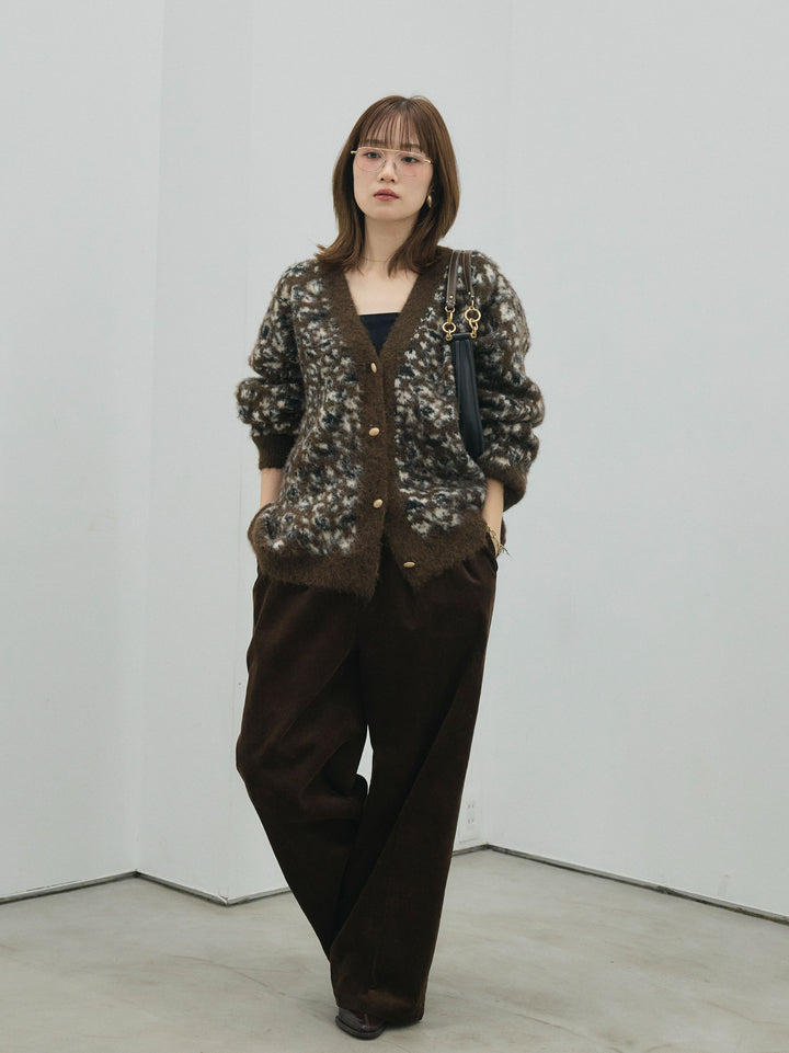 【Allure】[SET]レオパードシャギーニットカーディガン+コーデュロイタックワイドパンツ(2set)