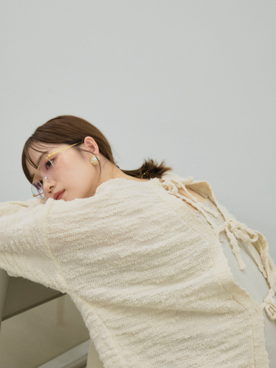 【Allure】[SET]バックリボンニュアンスブークレニットプルオーバー+コーデュロイタックワイドパンツ(2set)