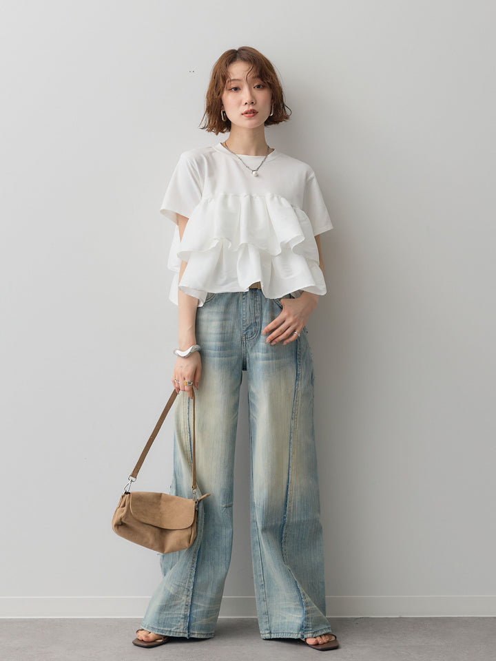 [SET]フリルティアードTEE+縦ウォッシュワイドデニムパンツ(2set)