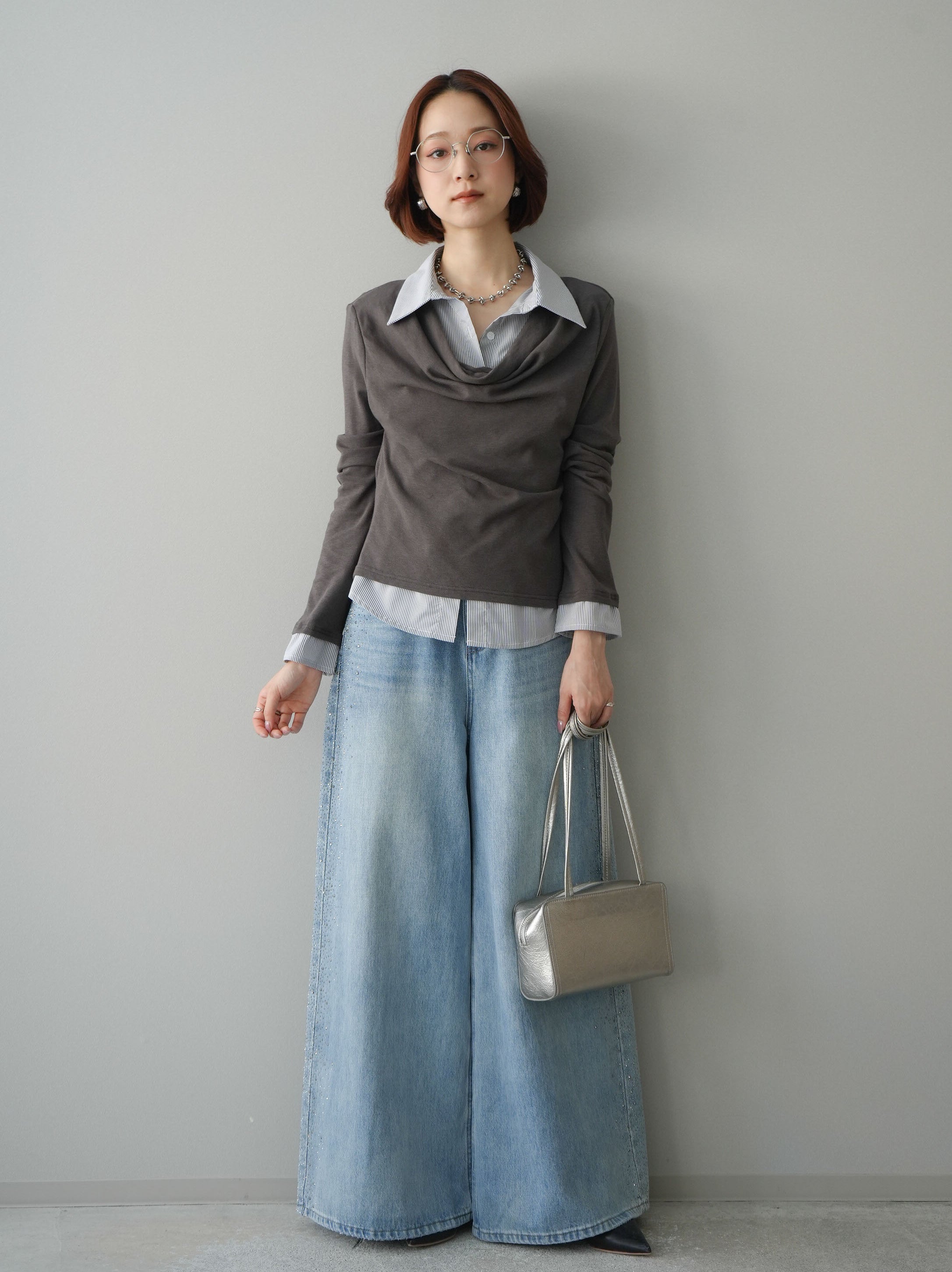 予約]ストライプドッキングシャツドレープカットソー/charcoal – Lumier