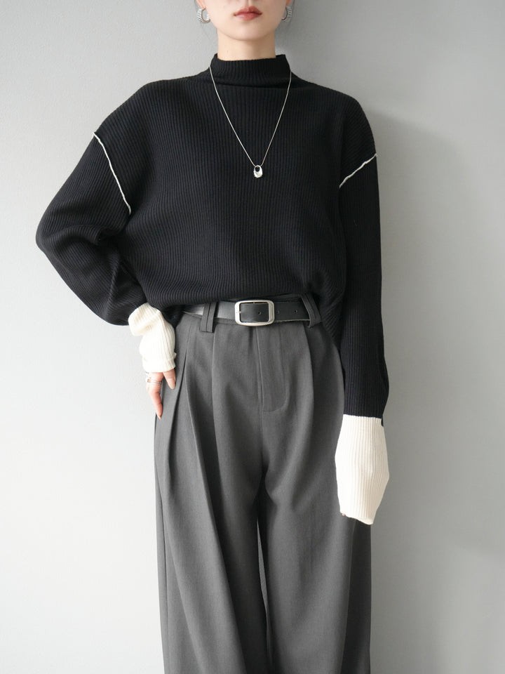 [予約]ボトルネック配色リブニットプルオーバー/ブラック×エクリュ