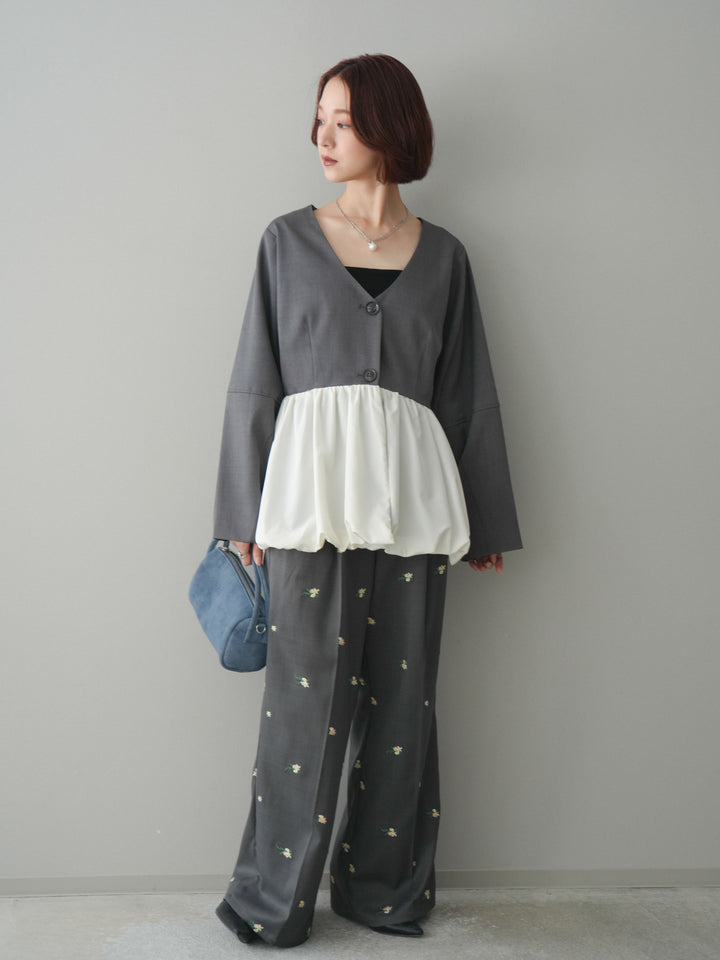 [予約]フラワー刺繍タックパンツ/gray