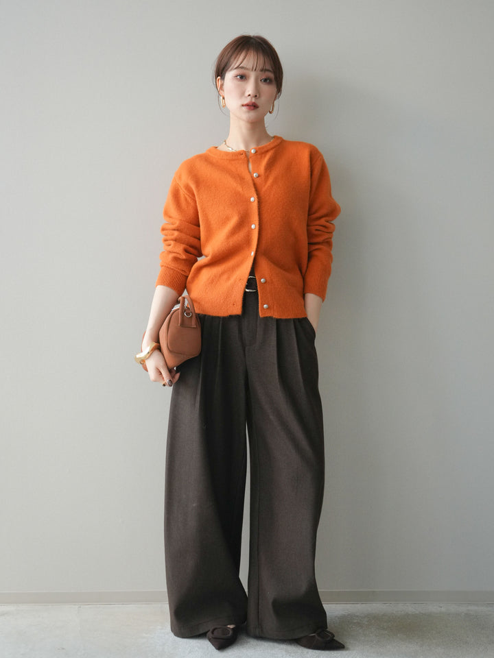 [SET]アンティークボタンニットカーディガン+アニマル柄ベルト付きウールタッチワイドパンツ(2set)