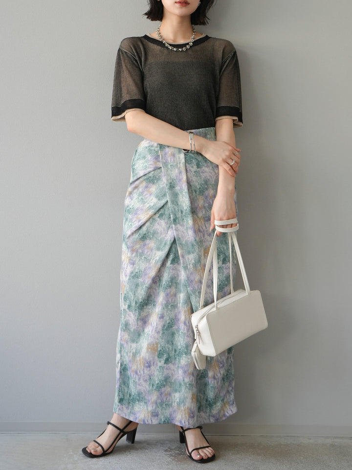 [SET]リネンタッチ配色二重臼ハーフニットトップス+選べるアソート柄スカートセット(2set)