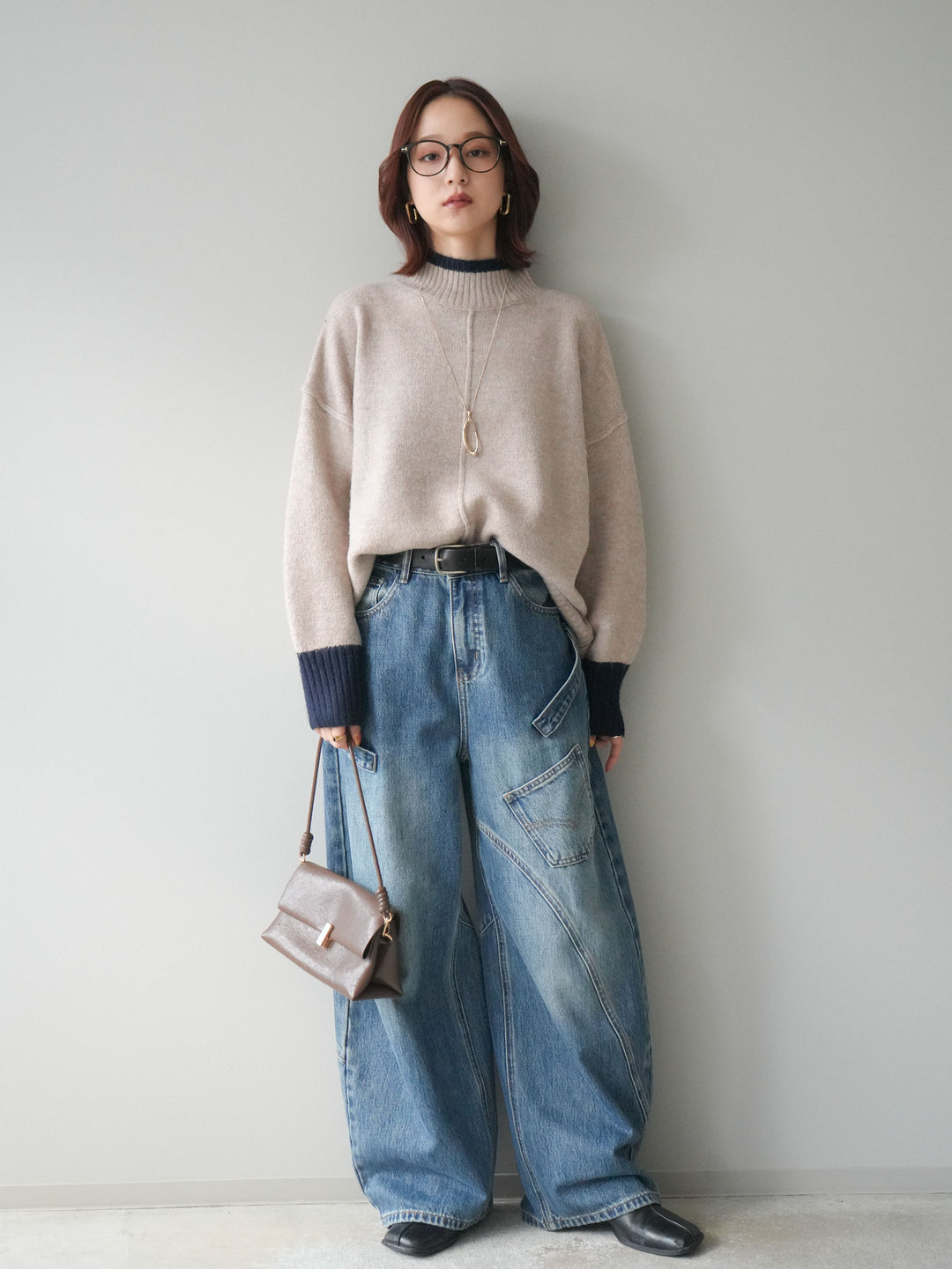 [SET]配色ハイネックニットプルオーバー+ペインターカーブデニムパンツ(2set)