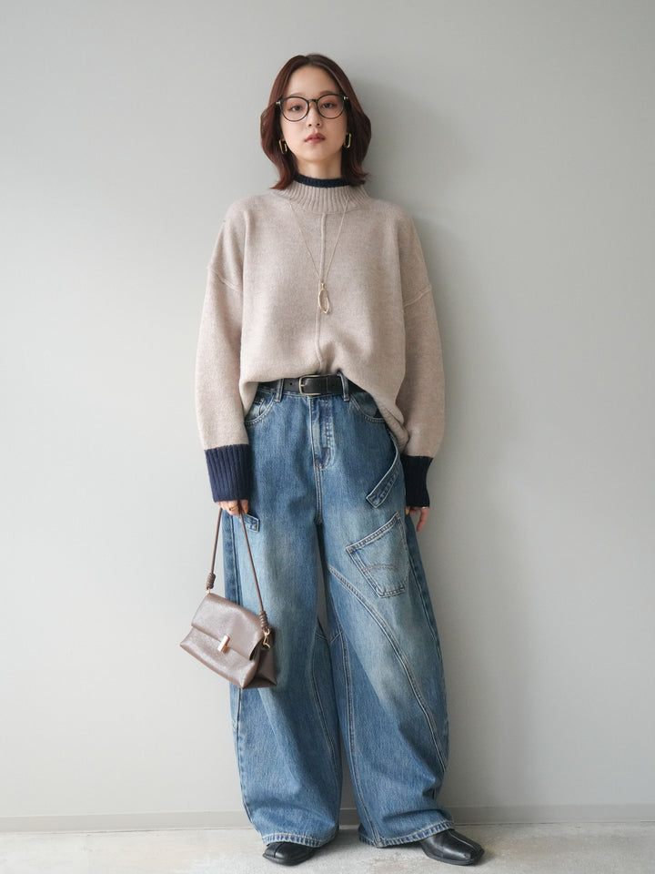 [SET]配色ハイネックニットプルオーバー+ペインターカーブデニムパンツ(2set)