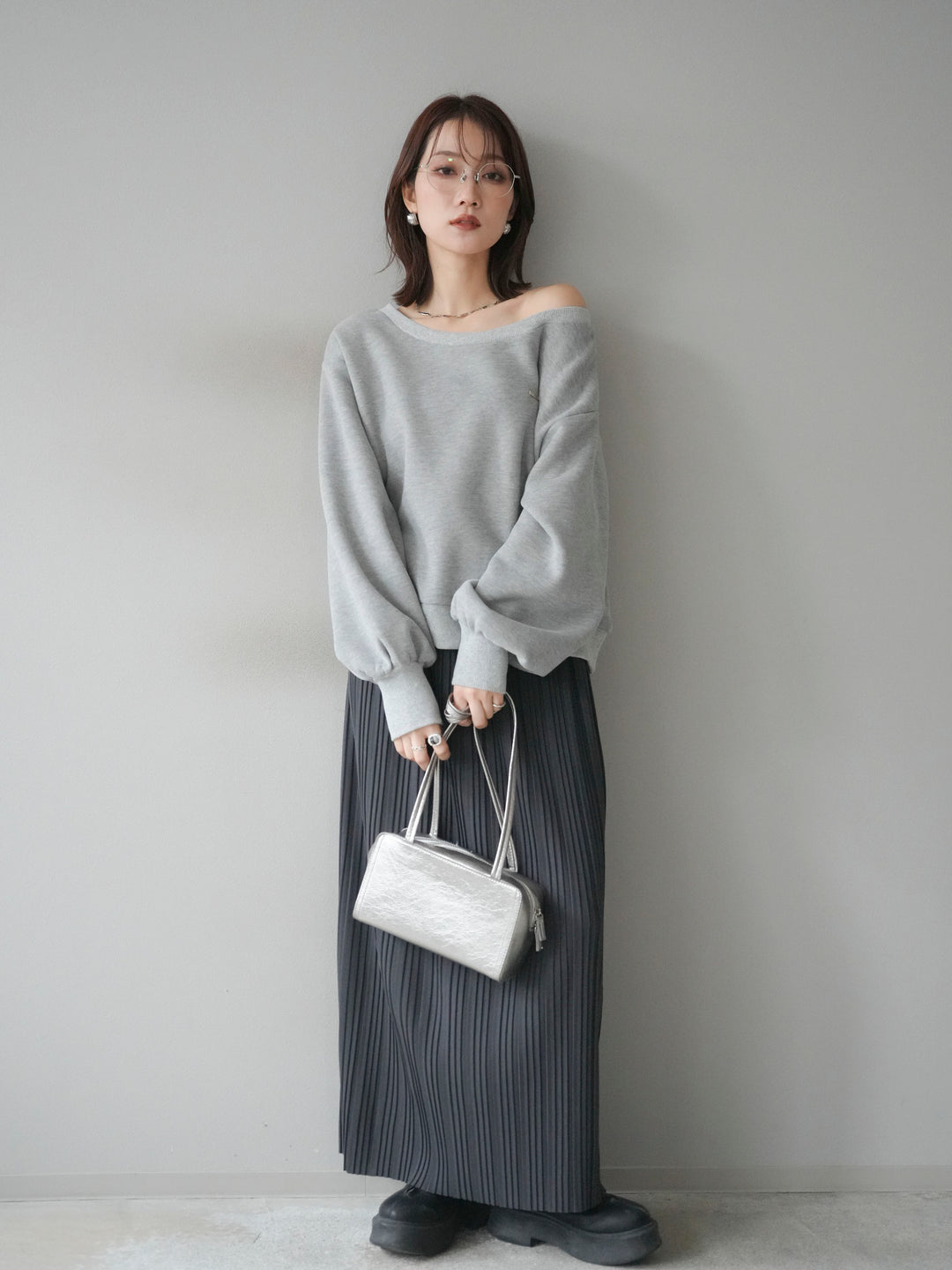 [予約]プレート付裏起毛ワンショルプルオーバー/mixgray