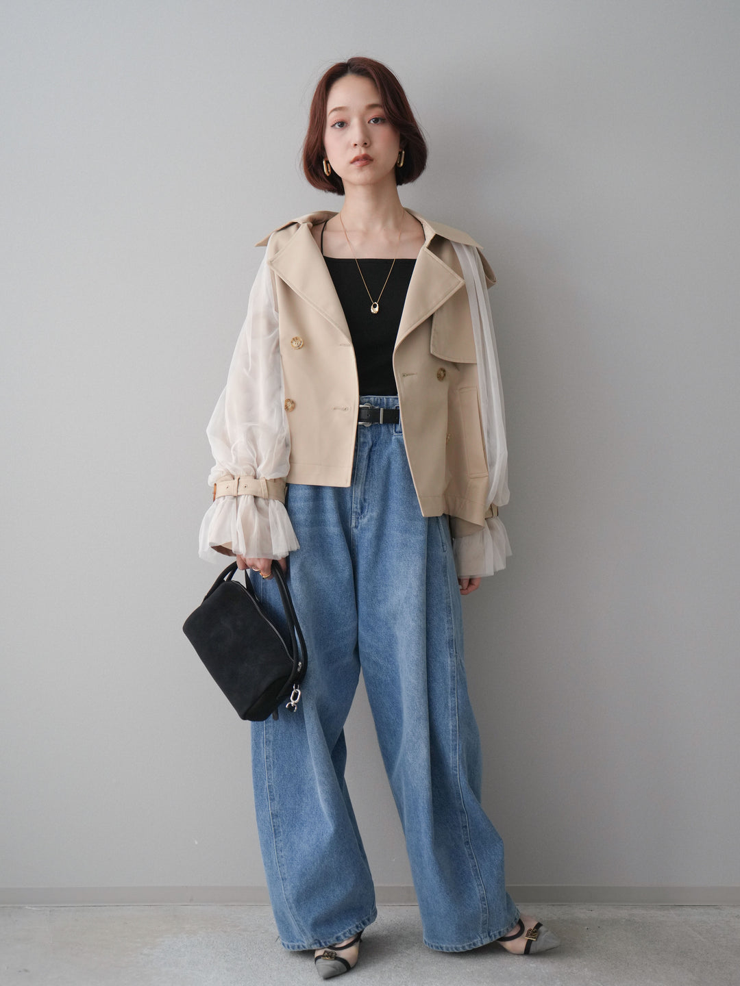 【預購】薄紗層疊蓬鬆袖短風衣/米色