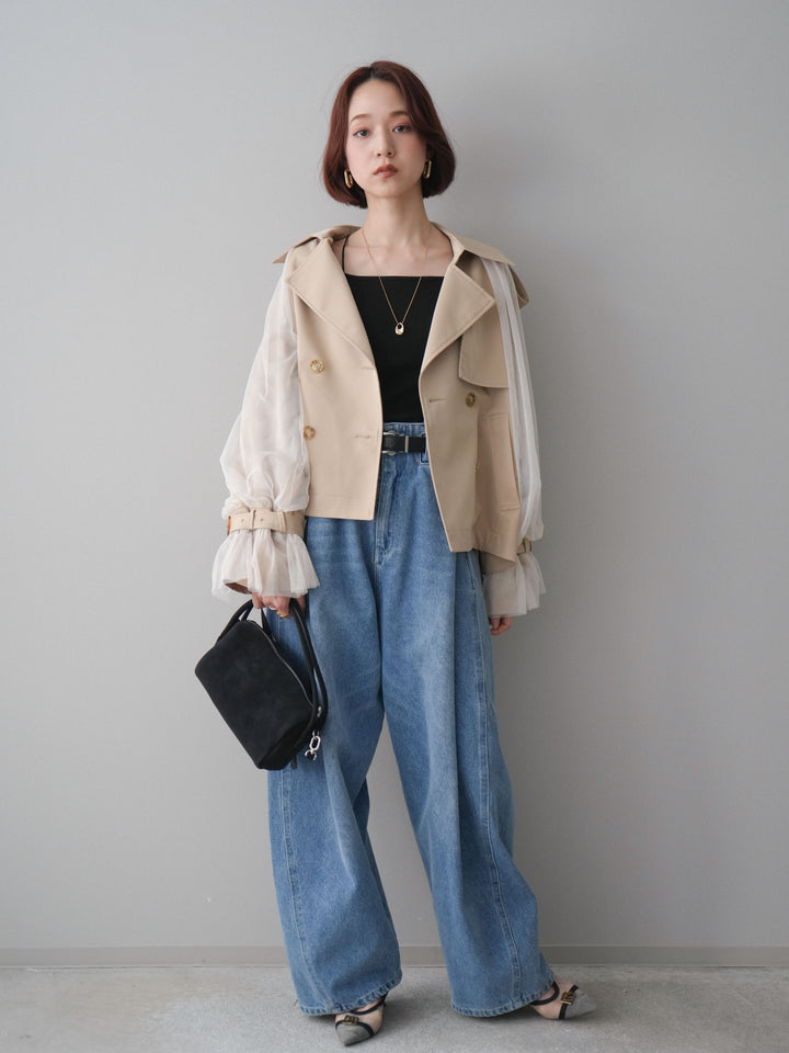 【預購】薄紗層疊蓬鬆袖短風衣/米色