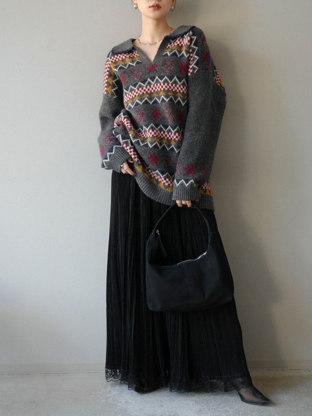 [予約]ノルディック柄ポロニットプルオーバー/チャコール