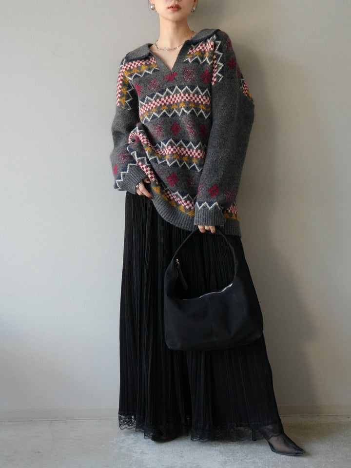 [予約]ノルディック柄ポロニットプルオーバー/チャコール