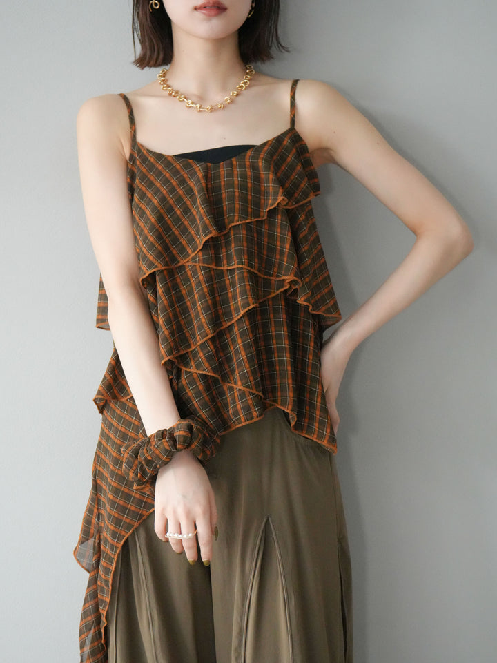 [予約]チェック柄ラッフルキャミソール/ブラウン