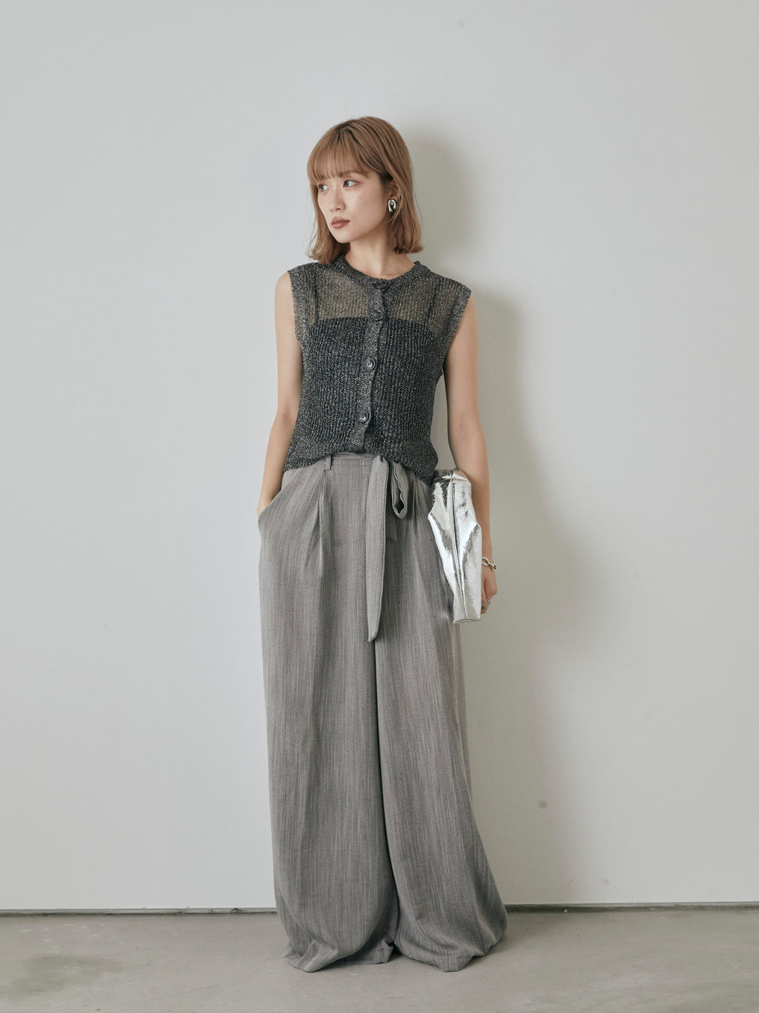 【預購】仿麻腰帶寬褲/灰色
