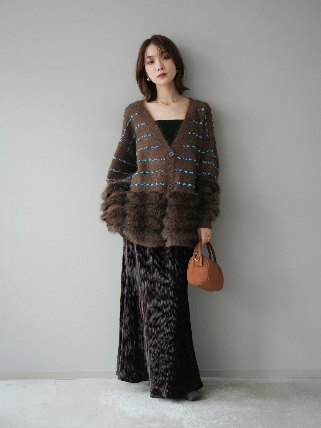 [予約]フェザーライン配色シャギーニットカーディガン/ブラウン