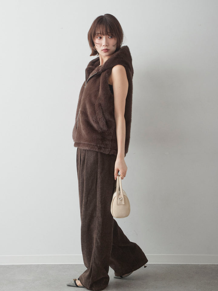 [予約]ファーフードベスト/brown