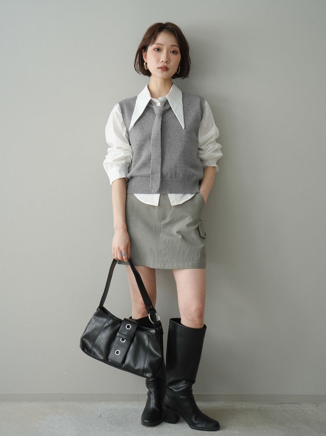 【套裝】蝴蝶結針織背心套裝襯衫+繫帶工裝迷你裙（兩件組）