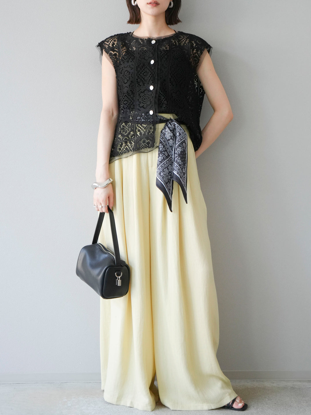 [予約]スカーフベルト付3タックワイドパンツ/イエロー