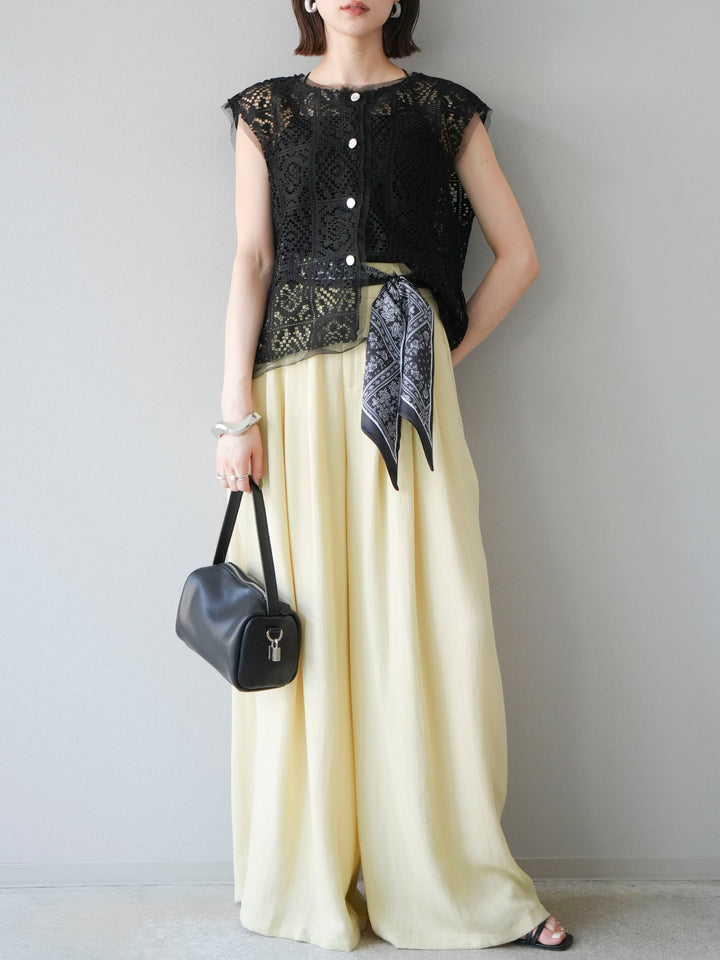 [予約]スカーフベルト付3タックワイドパンツ/イエロー