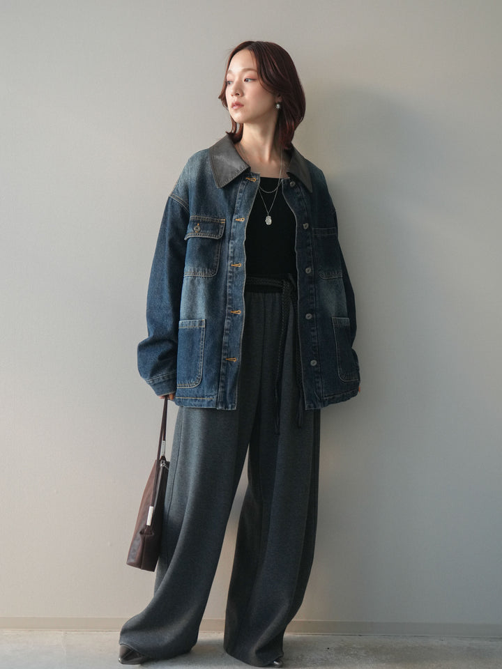 [SET]裏地ファーデニムフライトジャケット+編み込みベルト付きウエスト配色スエットパンツ(2set)