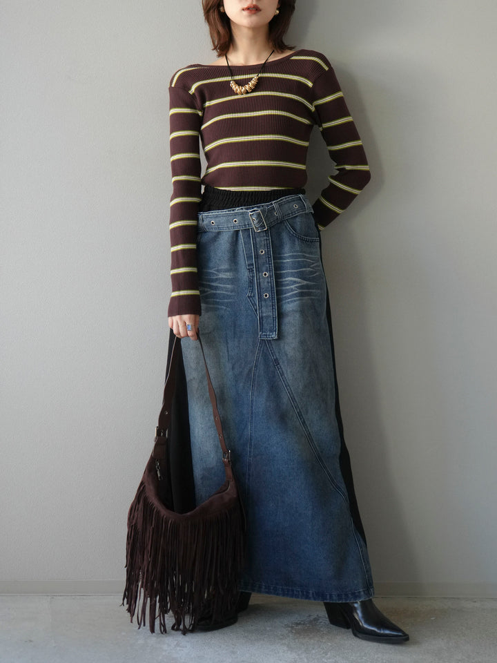 [予約]バックオープンボーダーテレコリブトップス/ブラウン