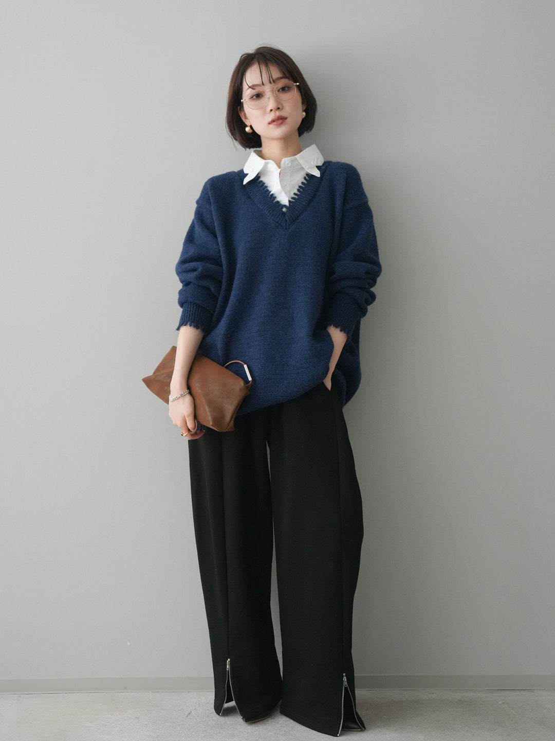 [予約]シャツドッキングVネックフリンジニットプルオーバー/navy