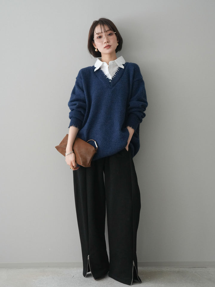 [予約]シャツドッキングVネックフリンジニットプルオーバー/navy