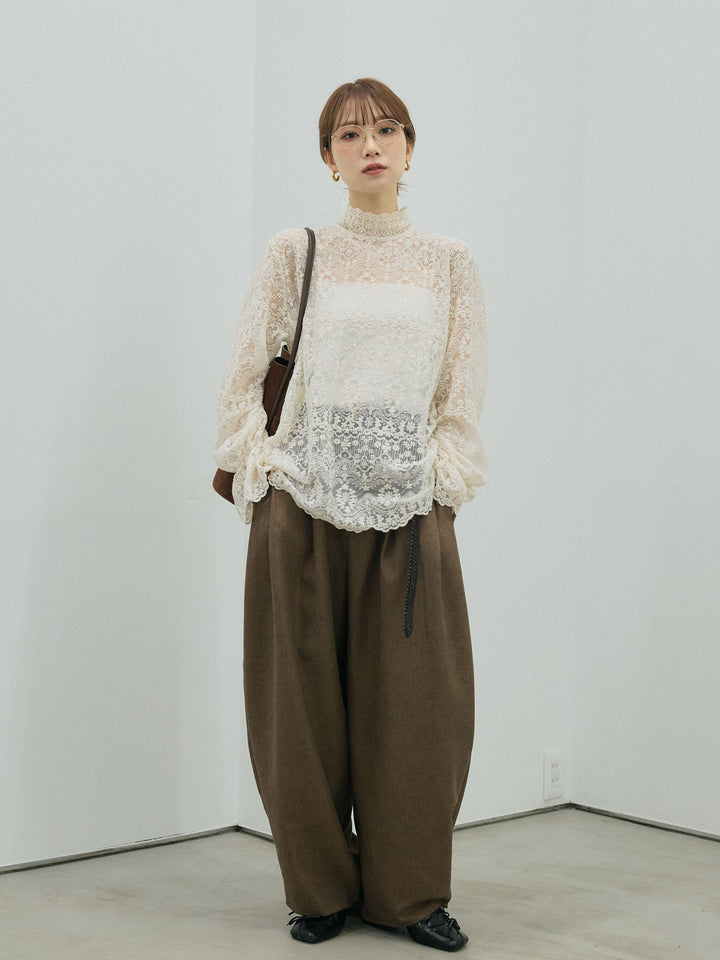 【Allure】[SET]ハイネックレーストップス+モックスカルゼサイドタックコクーンパンツ(2set)