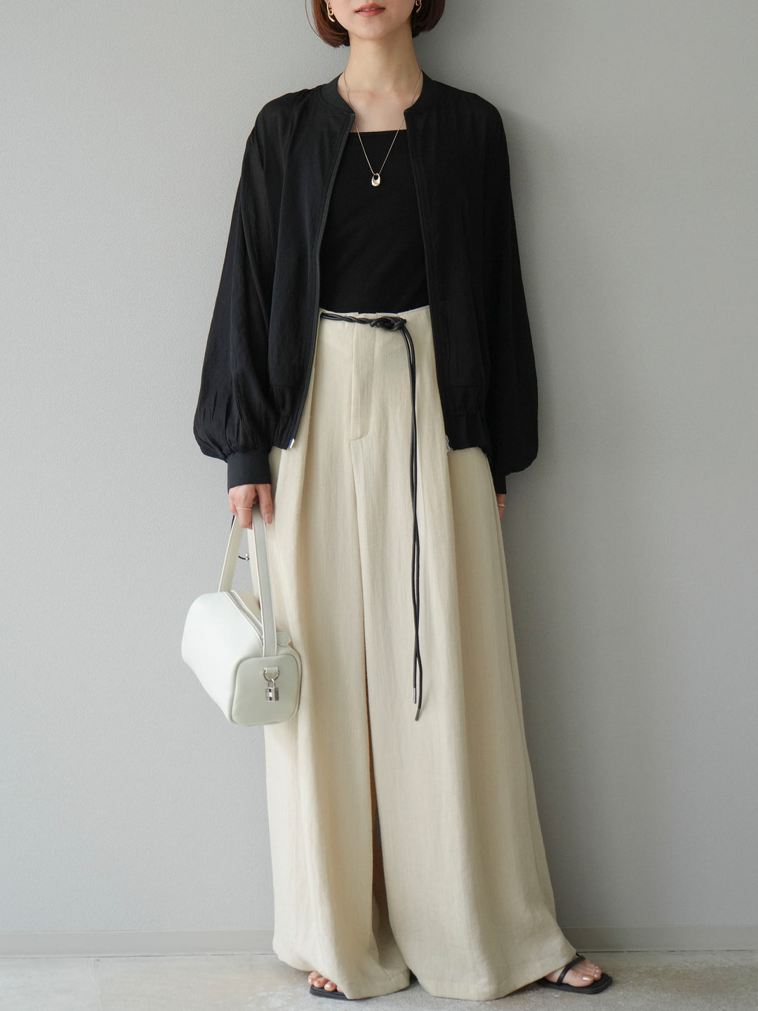 【預購】繩紋設計腰帶亞麻觸感寬褲/米色