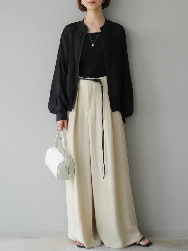 【預購】繩紋設計腰帶亞麻觸感寬褲/米色