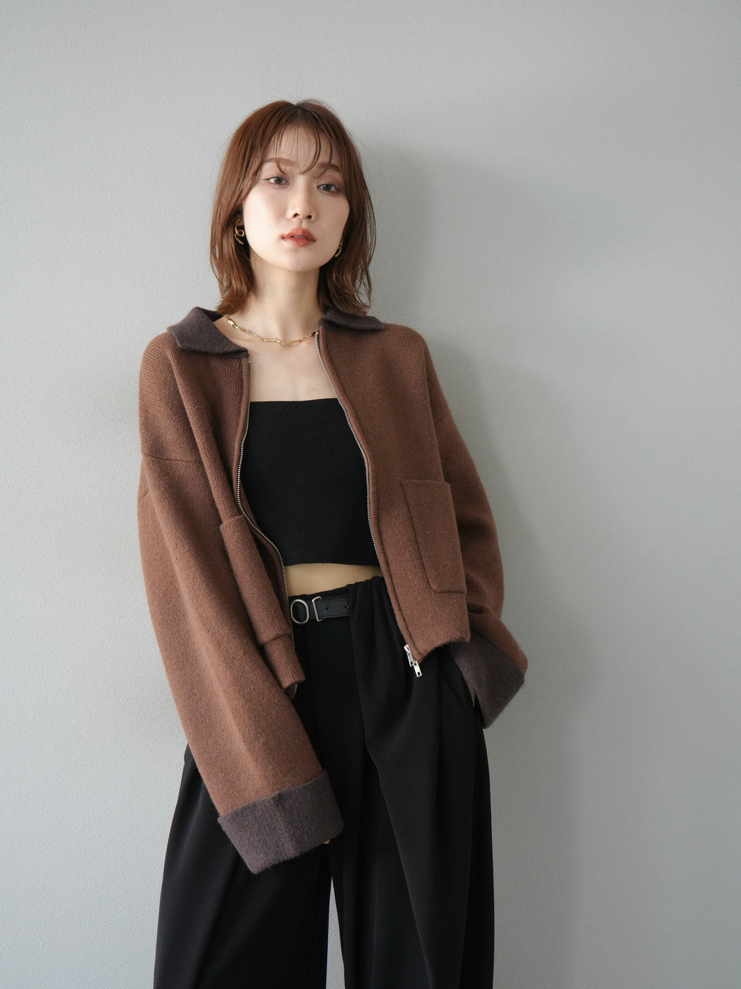 [予約]ポロ襟ジップニットカーディガン/キャメル