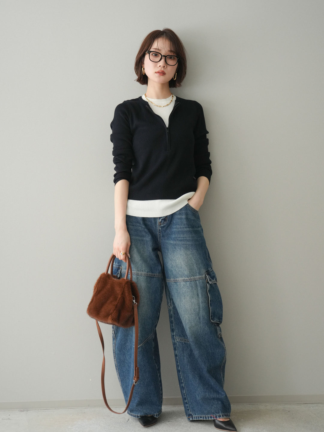 [予約]フロントジップ配色レイヤードニットトップス/navy