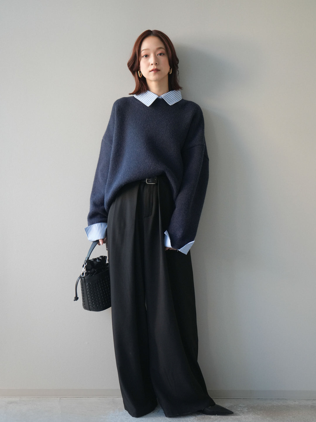 [SET]2WAYストライプ襟ニットプルオーバー+ベルトループデザインワイドパンツ(2set)