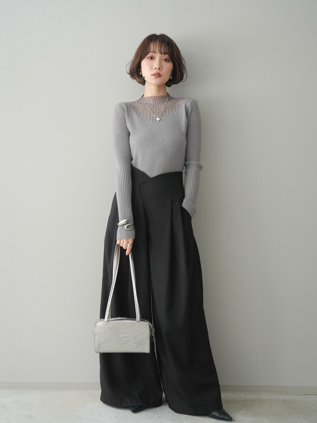 [SET]シアー切替スパンコールリブニットトップス+デザインハイウエストワイドパンツ(2set)