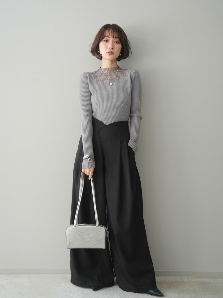 [SET]シアー切替スパンコールリブニットトップス+デザインハイウエストワイドパンツ(2set)