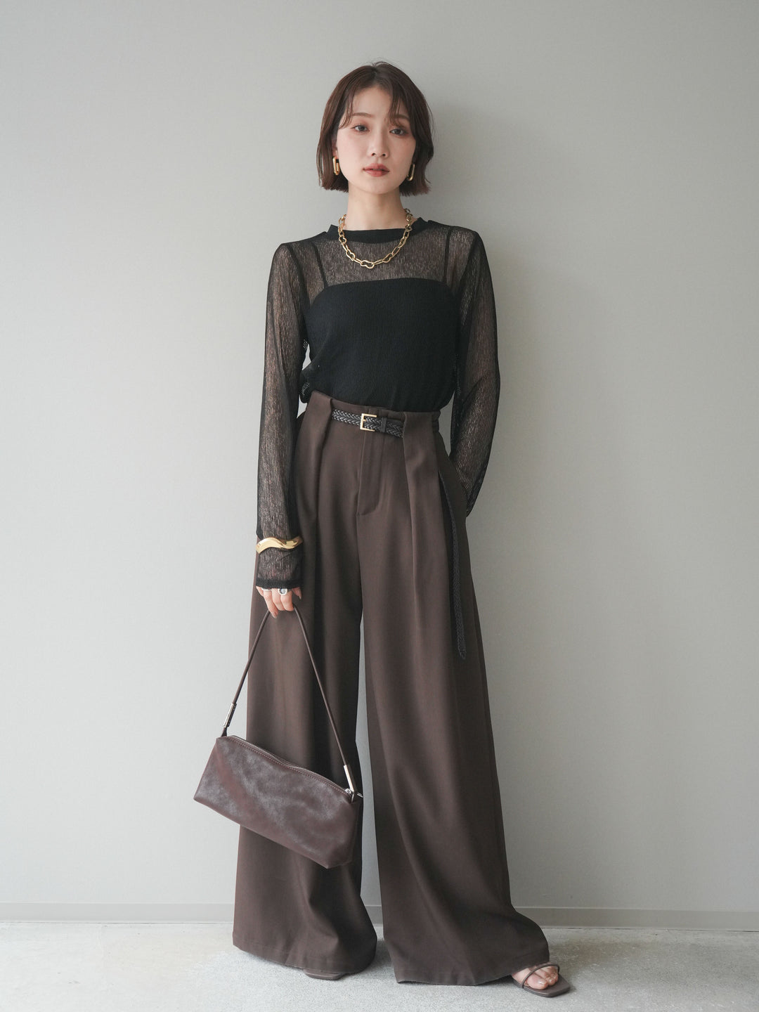 [SET]シアーストライプメッシュトップス+ドレープタックベルトループパンツ(2set)