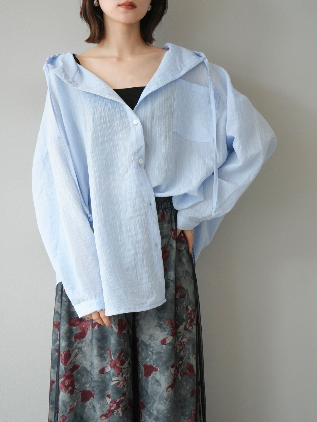 [予約]ワッシャーストライプフーディーシャツ/ブルー